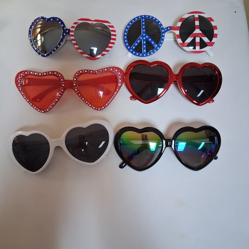 Lot Of 6 Stylish Fun Heart Shaped Peace Sign Patriotic Sunglasses